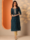 Gerua Teal Embroidered Silk Blend Straight Kurta