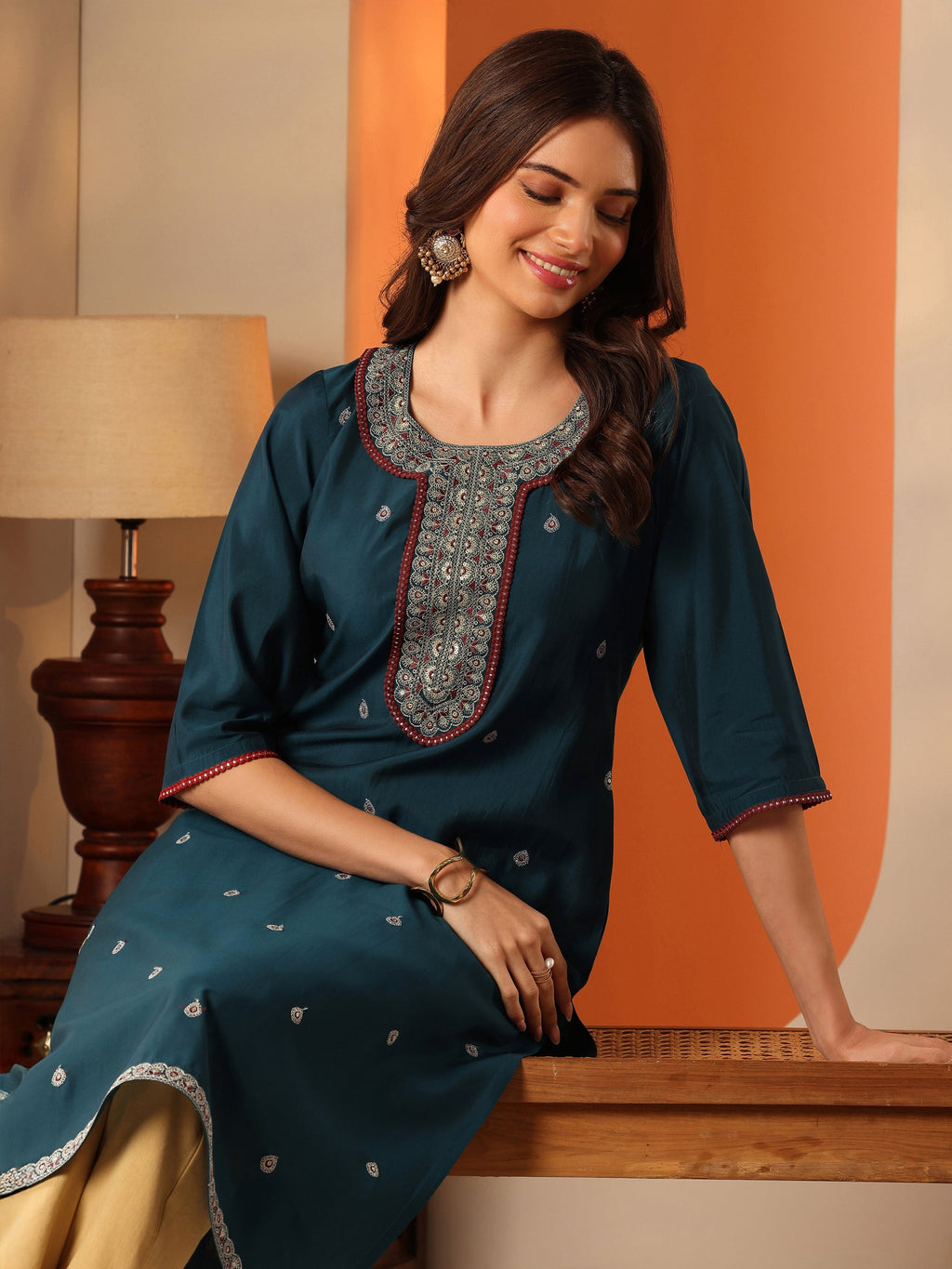 Gerua Teal Embroidered Silk Blend Straight Kurta