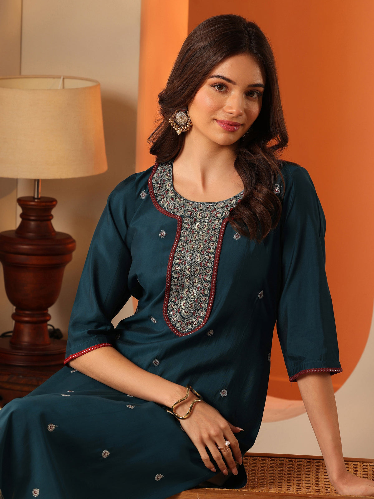 Gerua Teal Embroidered Silk Blend Straight Kurta