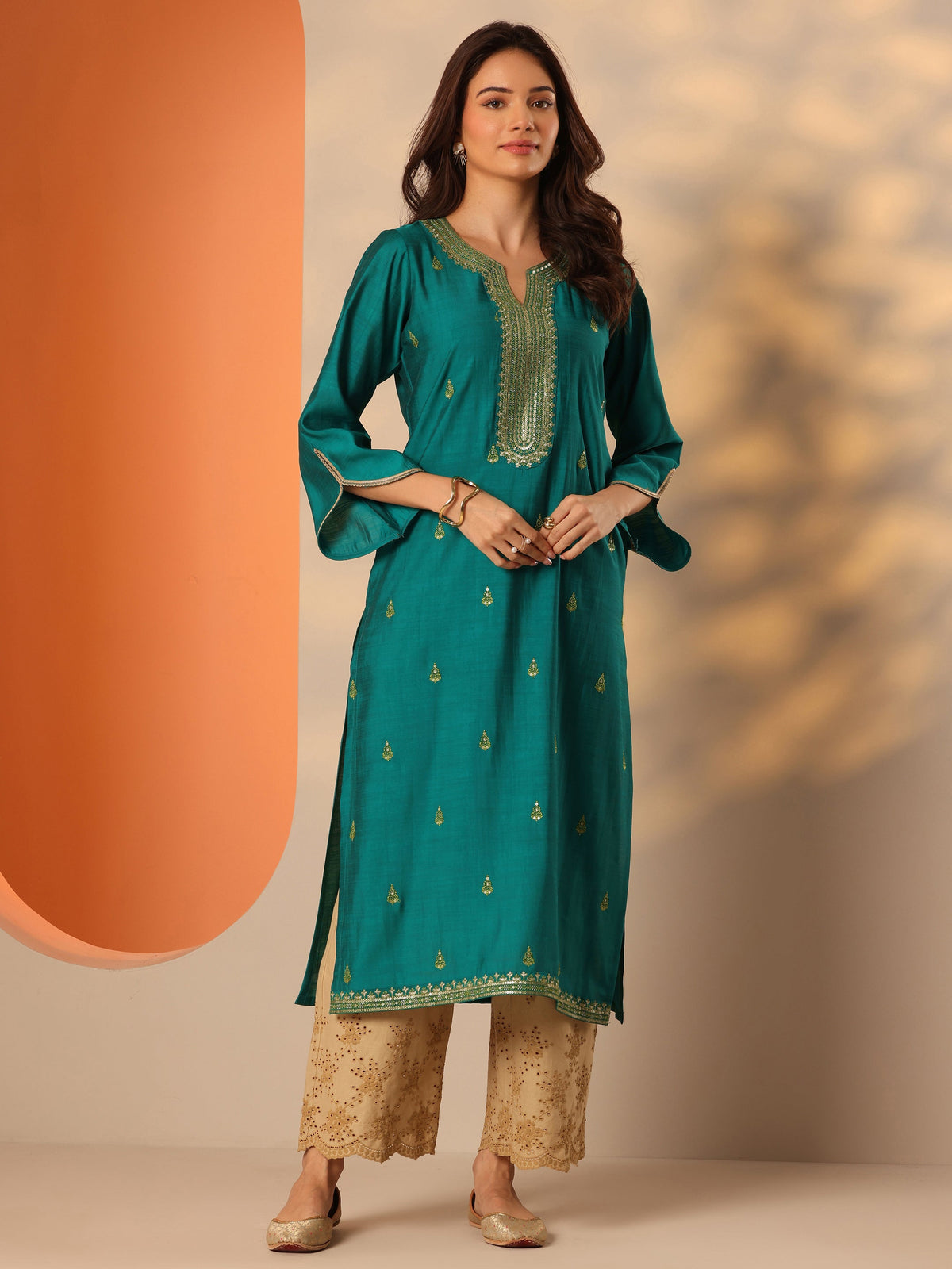 Libas Green Embroidered Silk Blend Straight Kurta