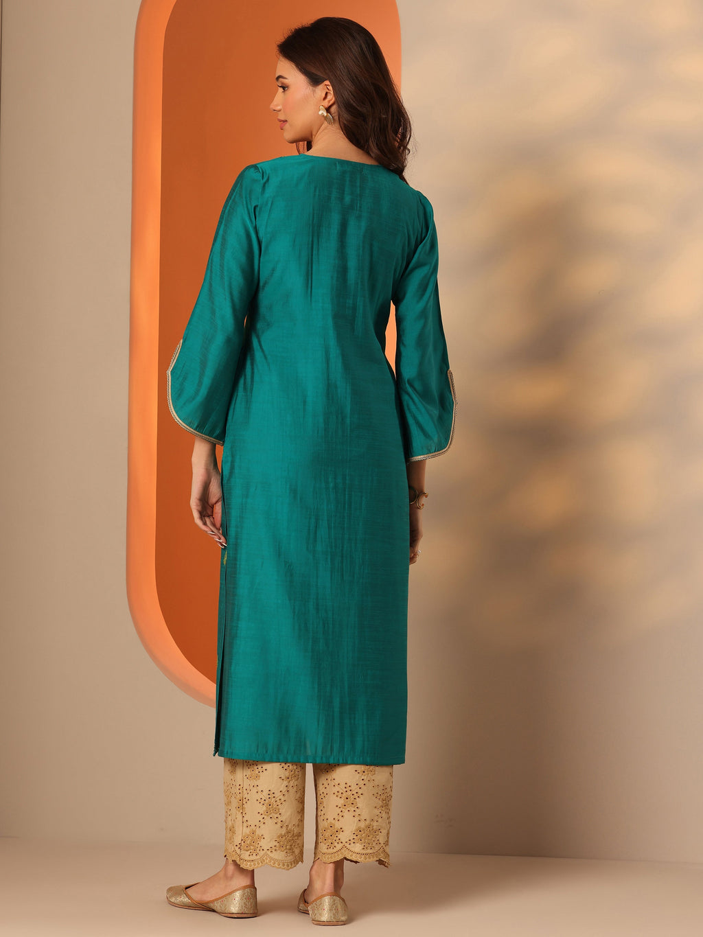 Libas Green Embroidered Silk Blend Straight Kurta