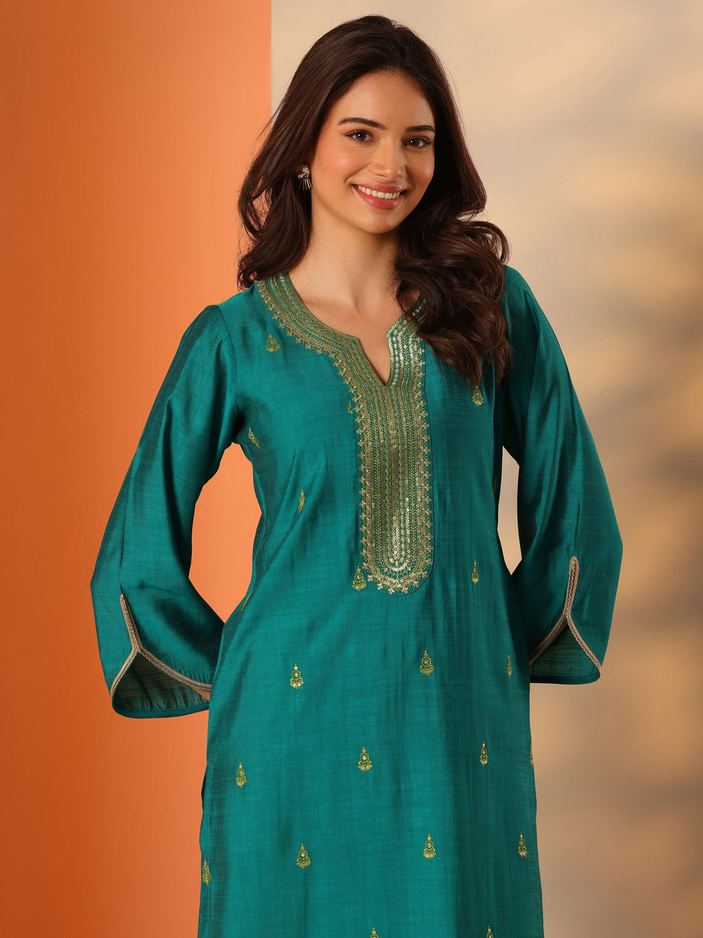 Libas Green Embroidered Silk Blend Straight Kurta