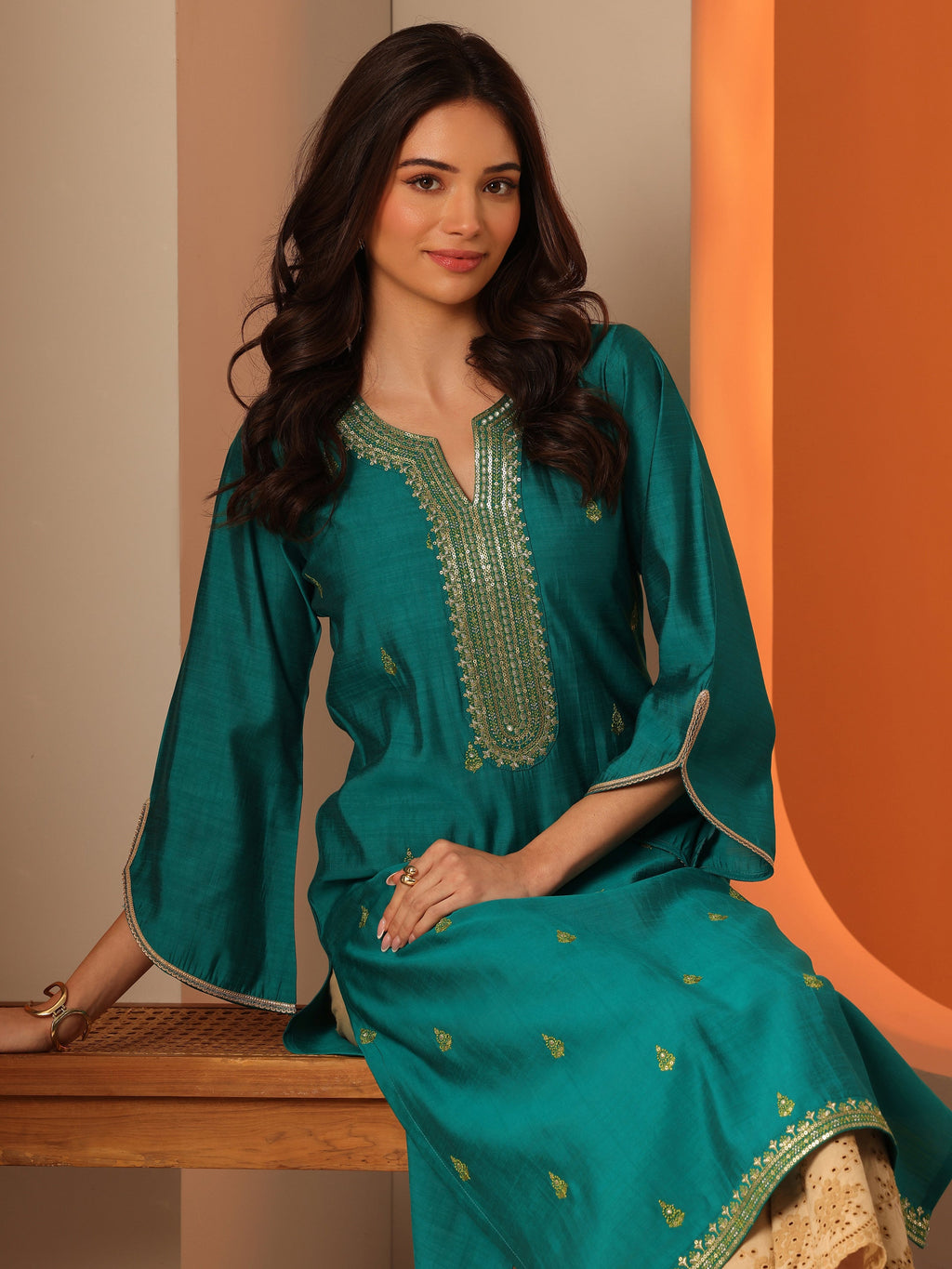 Libas Green Embroidered Silk Blend Straight Kurta