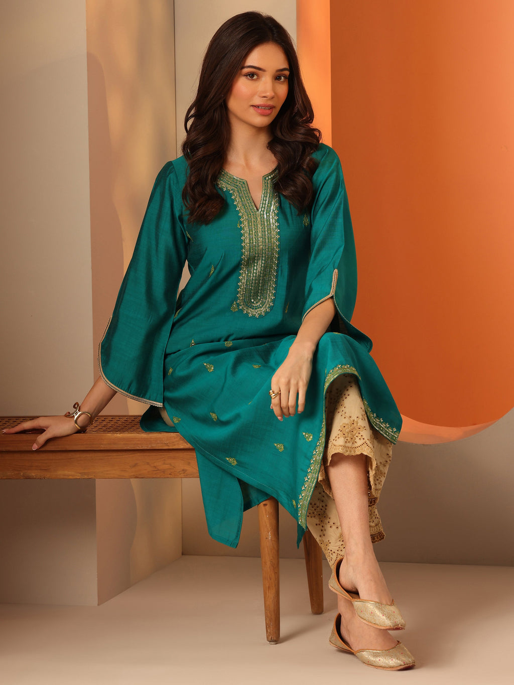 Libas Green Embroidered Silk Blend Straight Kurta
