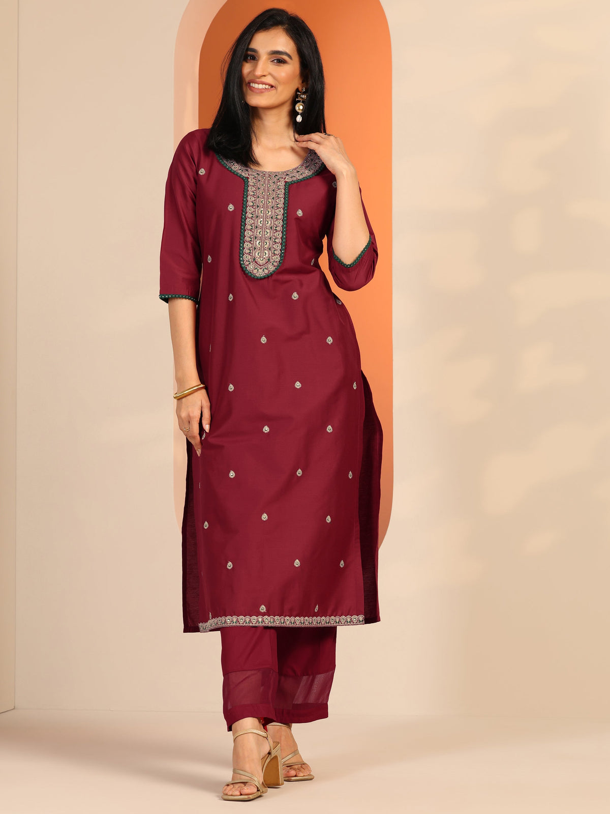 Gerua Maroon Embroidered Silk Blend Straight Kurta