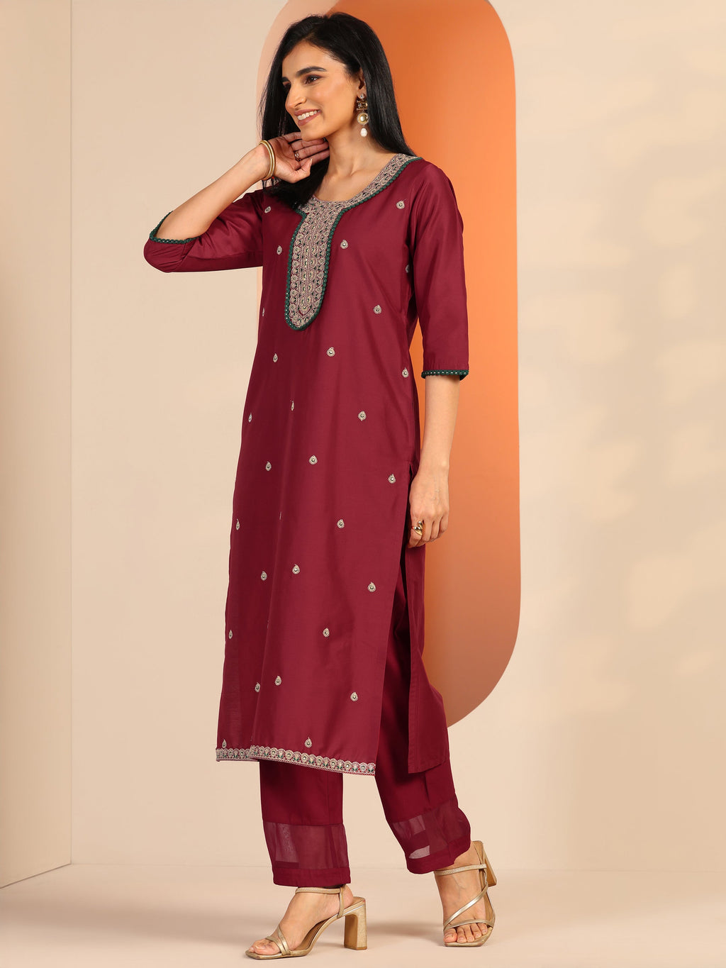 Gerua Maroon Embroidered Silk Blend Straight Kurta