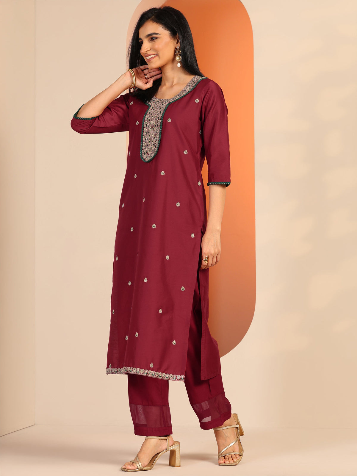 Gerua Maroon Embroidered Silk Blend Straight Kurta