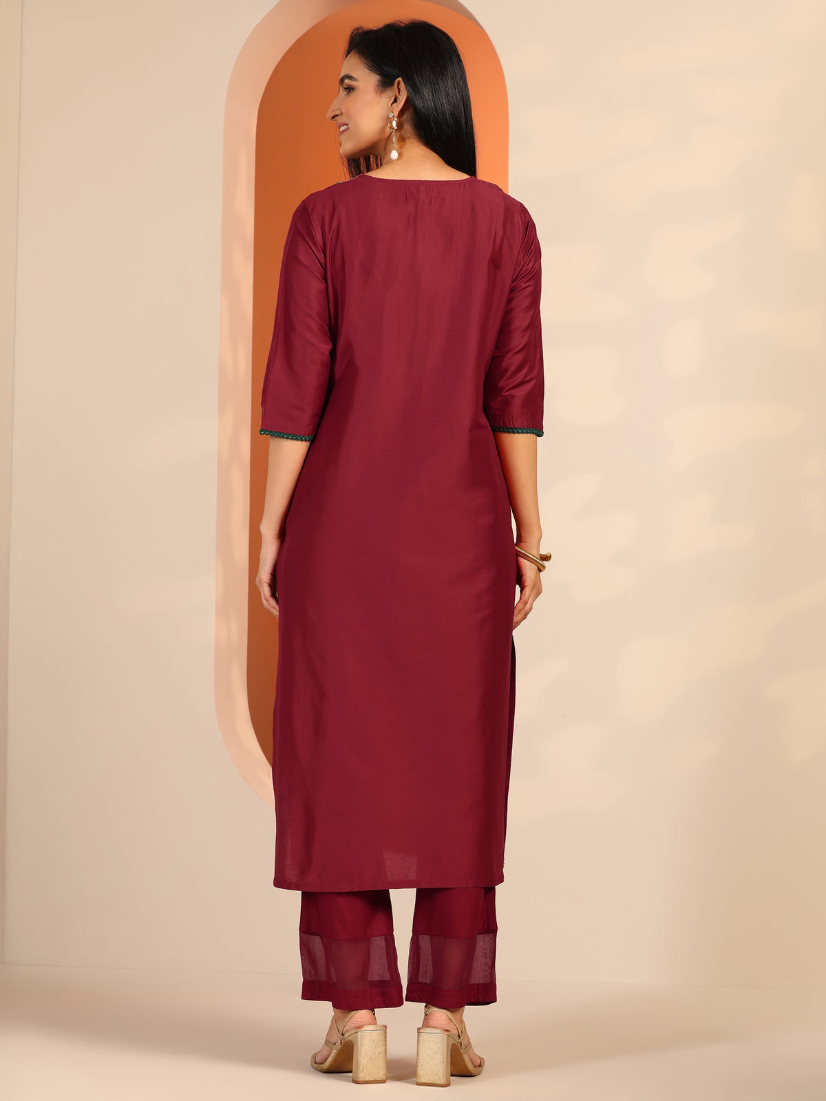 Gerua Maroon Embroidered Silk Blend Straight Kurta