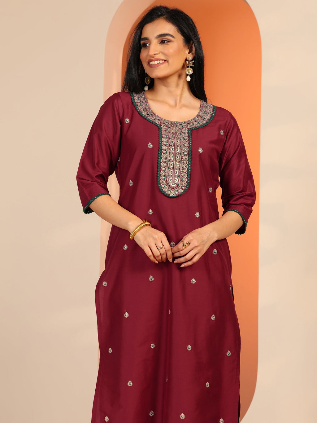 Gerua Maroon Embroidered Silk Blend Straight Kurta