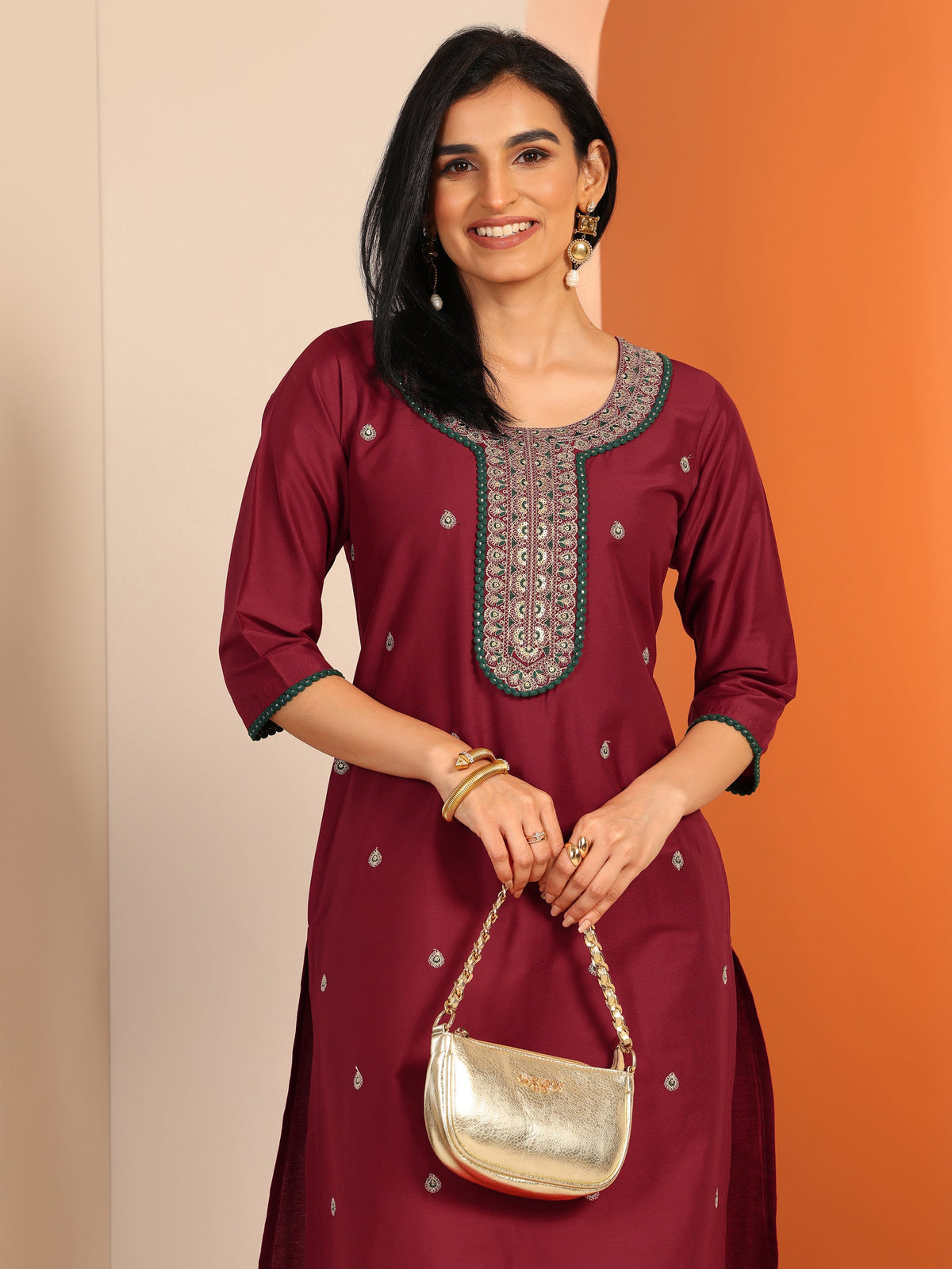 Gerua Maroon Embroidered Silk Blend Straight Kurta