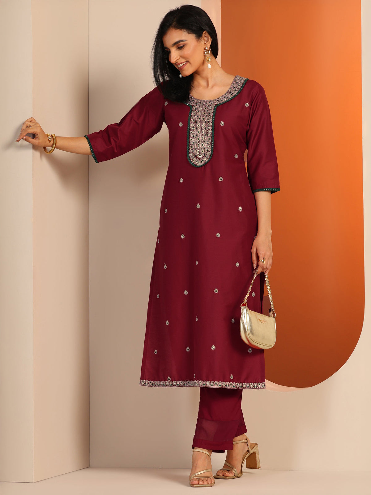 Gerua Maroon Embroidered Silk Blend Straight Kurta