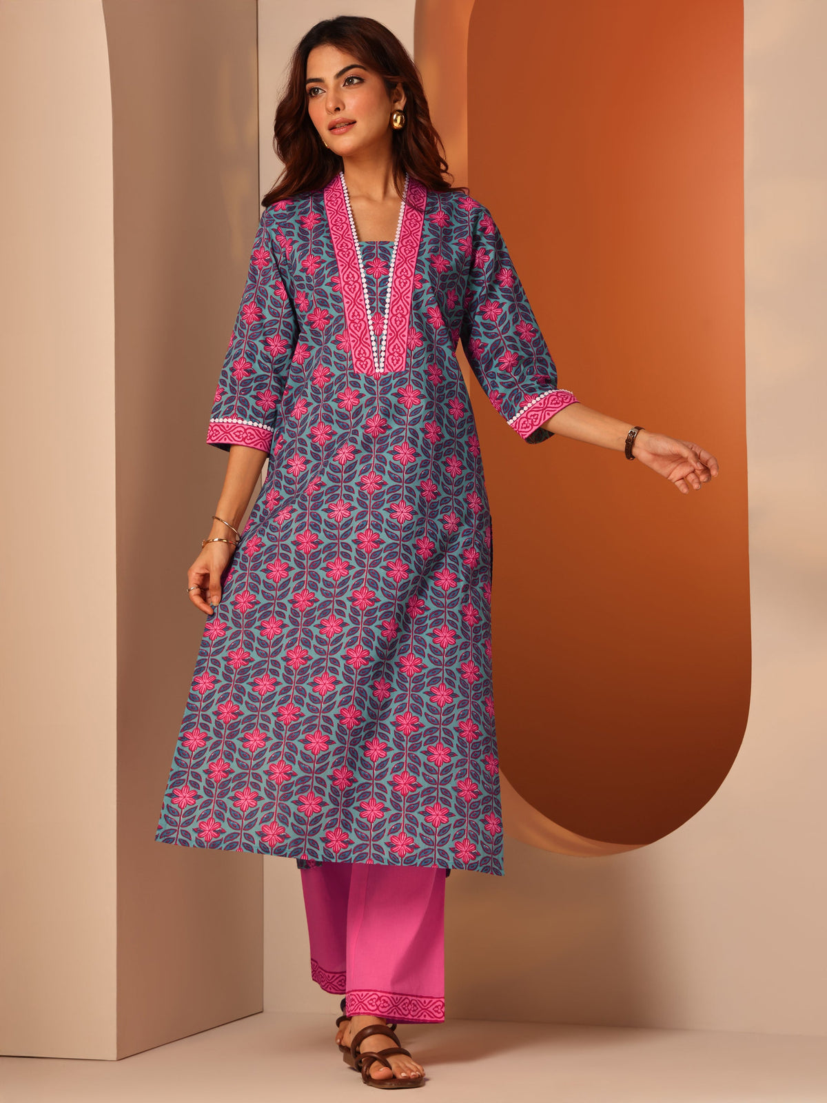 Libas Blue Printed Cotton Straight Kurta