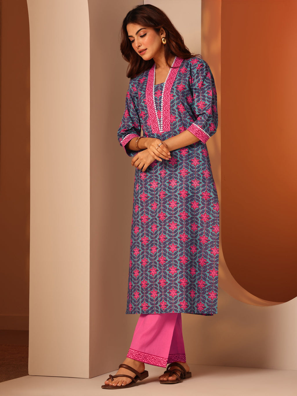 Libas Blue Printed Cotton Straight Kurta