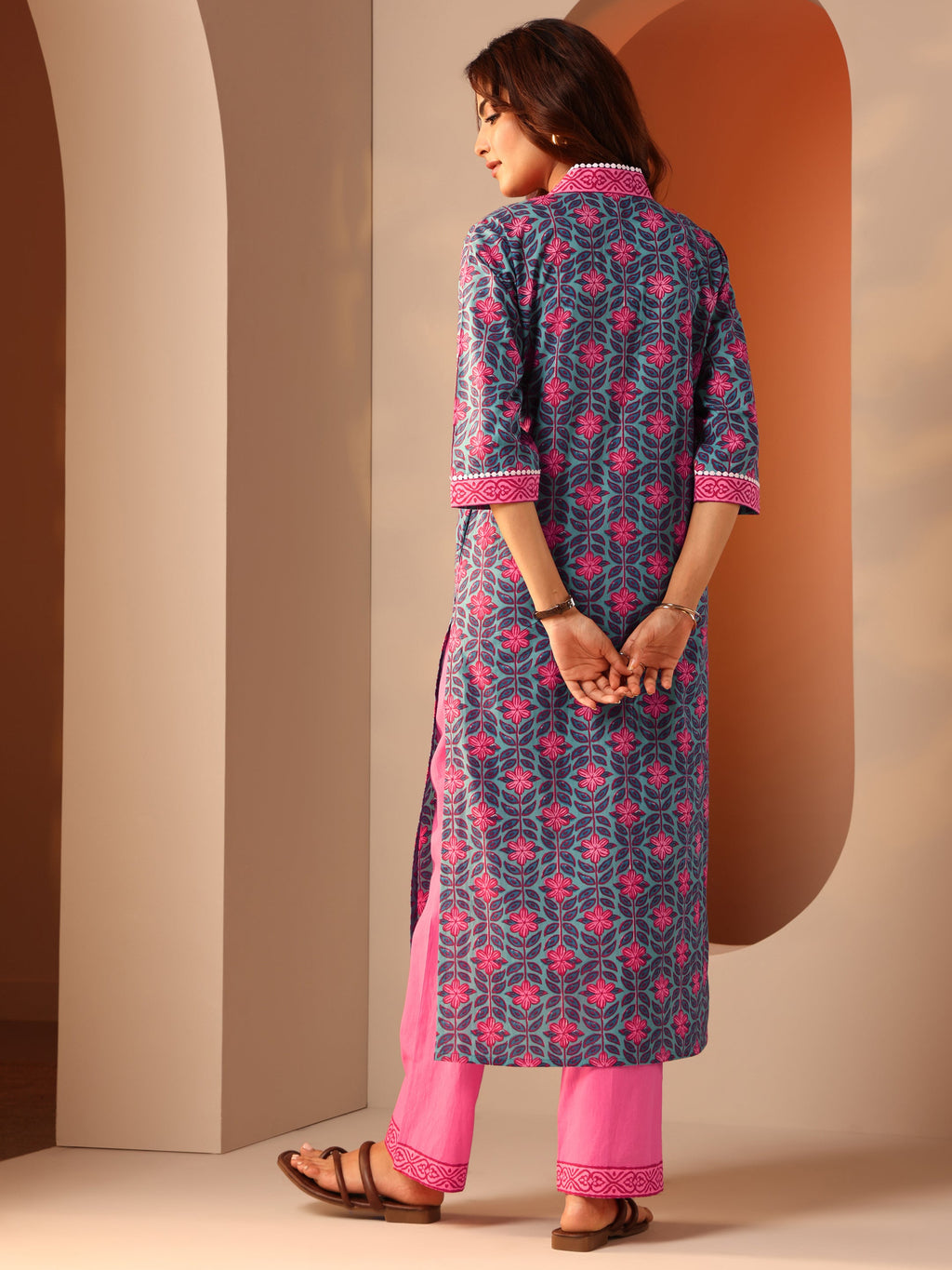 Libas Blue Printed Cotton Straight Kurta