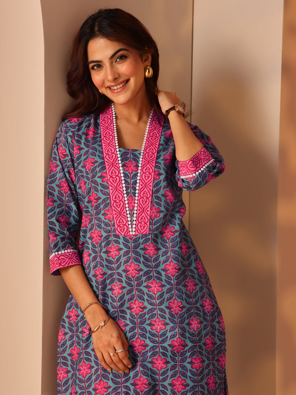 Libas Blue Printed Cotton Straight Kurta