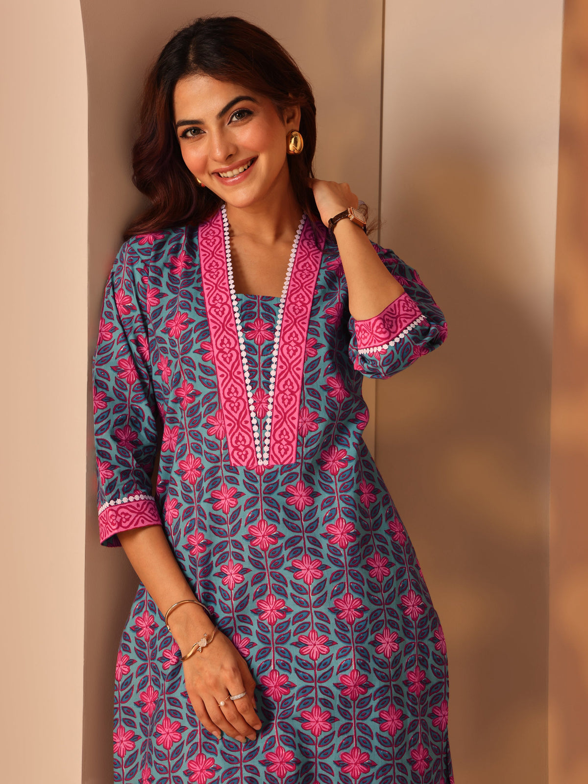 Libas Blue Printed Cotton Straight Kurta