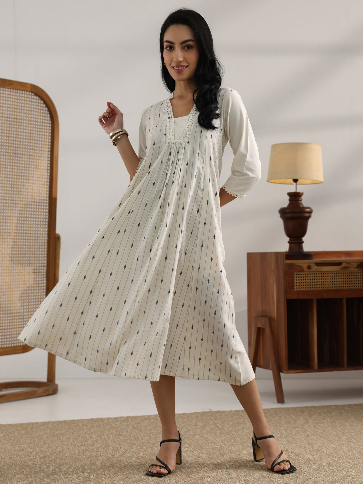 Gerua Off White Woven Design Cotton Blend Panelled A-Line One Piece Dress