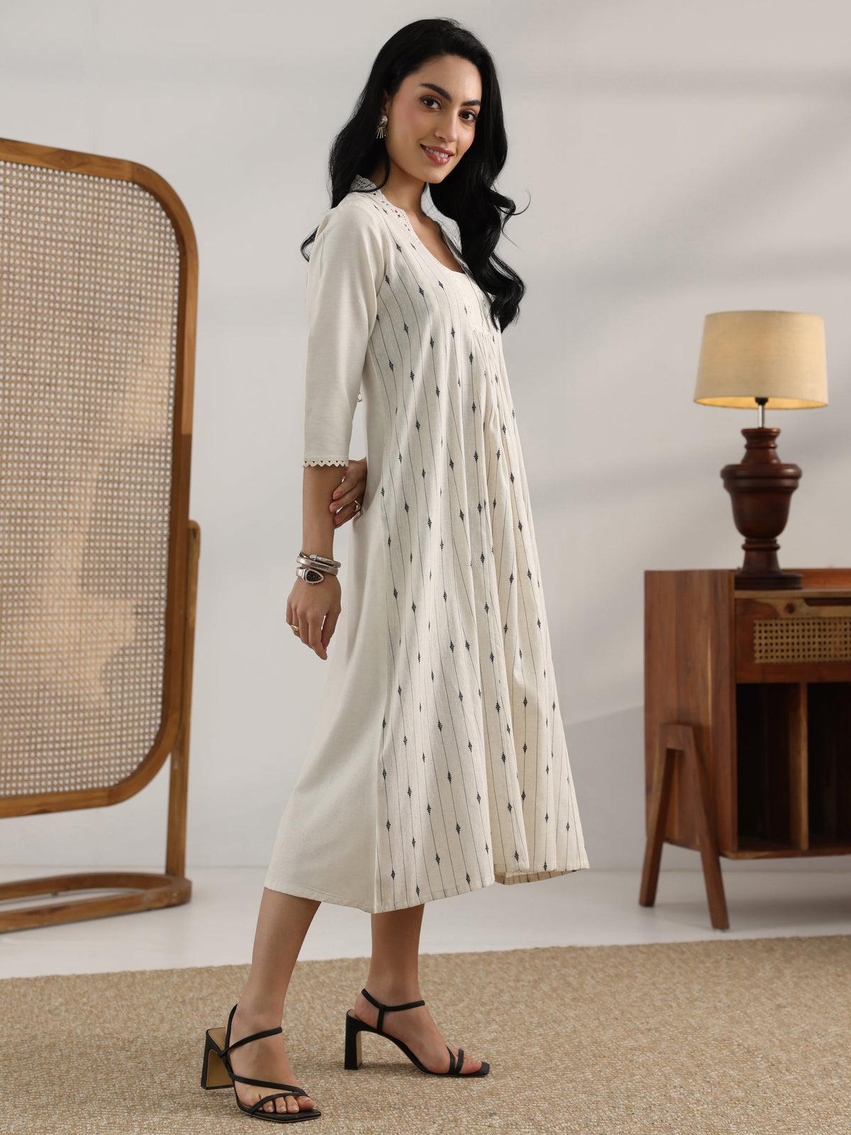 Gerua Off White Woven Design Cotton Blend Panelled A-Line One Piece Dress