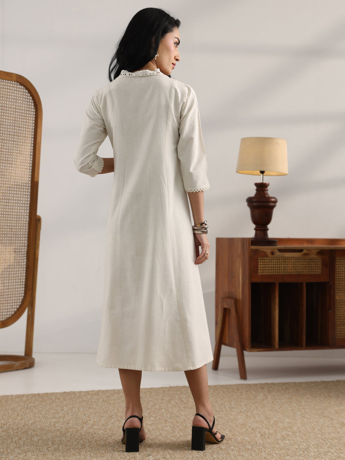 Gerua Off White Woven Design Cotton Blend Panelled A-Line One Piece Dress