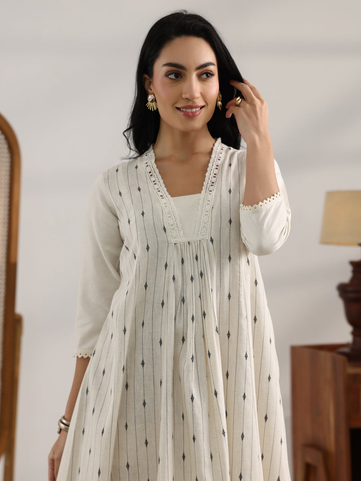 Gerua Off White Woven Design Cotton Blend Panelled A-Line One Piece Dress