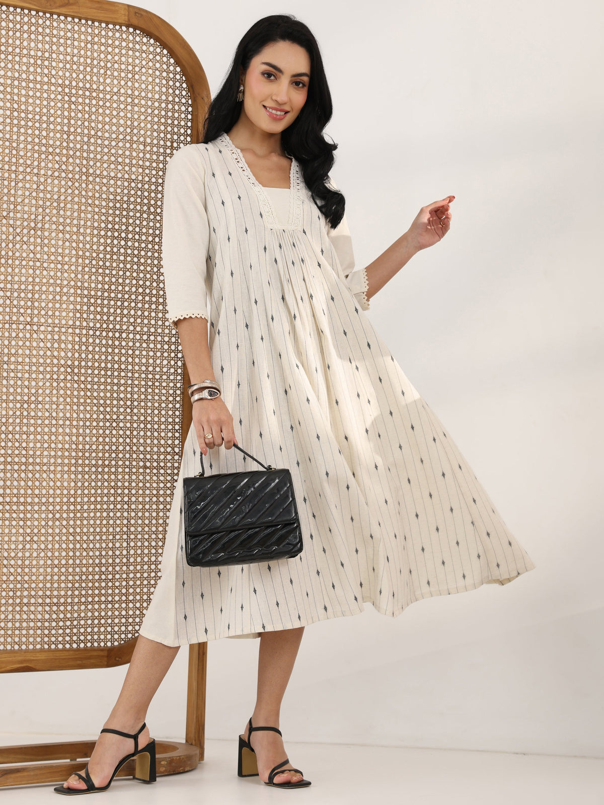 Gerua Off White Woven Design Cotton Blend Panelled A-Line One Piece Dress