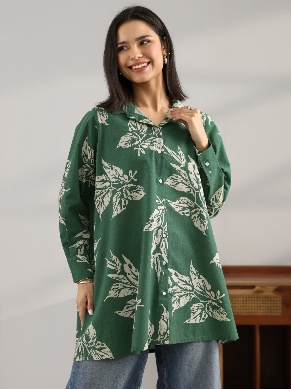 Libas Green Printed Cotton Shirt P23