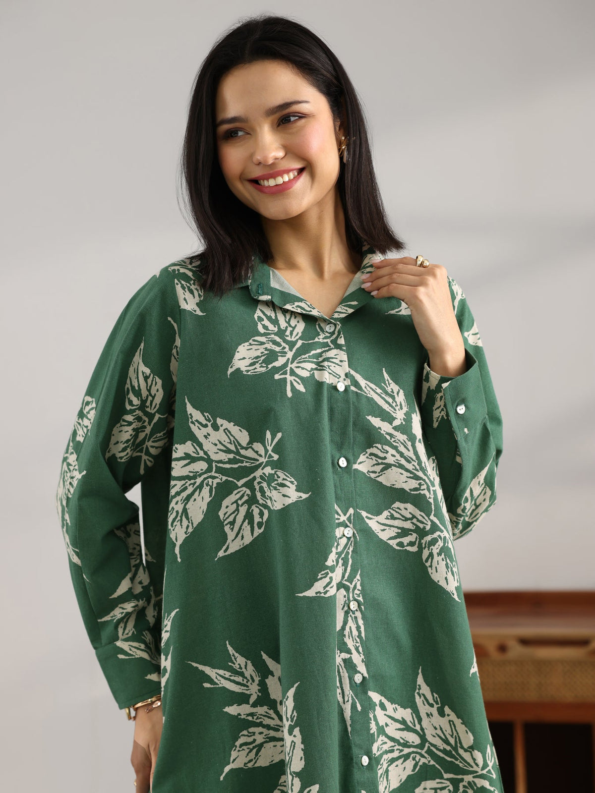 Libas Green Printed Cotton Shirt P23
