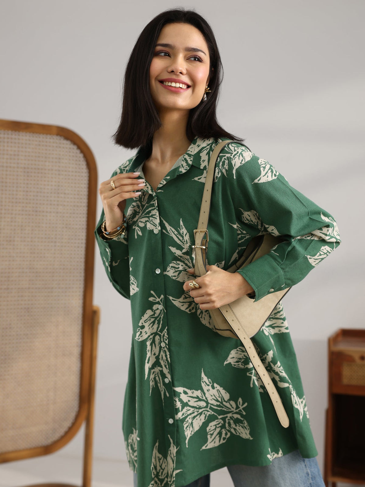 Libas Green Printed Cotton Shirt P23