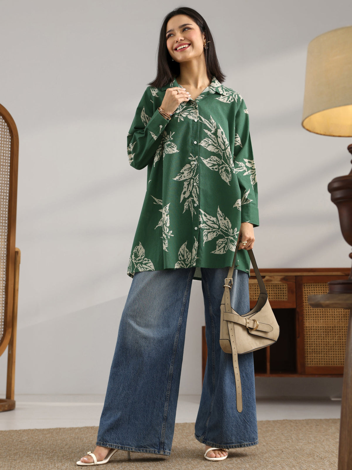 Libas Green Printed Cotton Shirt