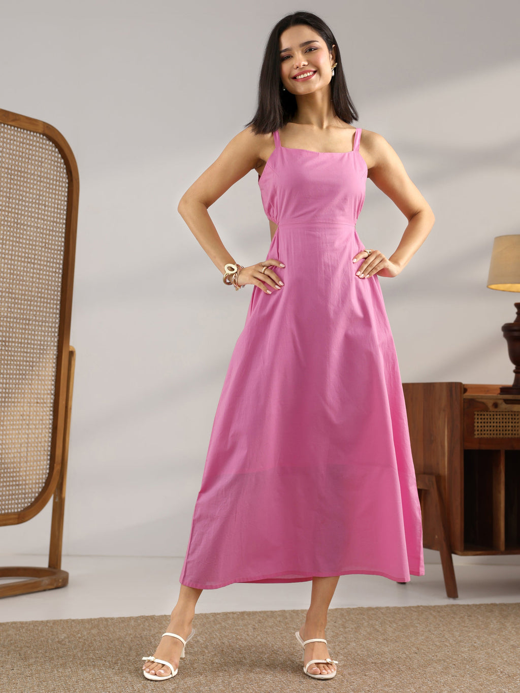 Gerua Pink Solid Cotton Blend Cut Out Fit And Flare One Piece Dress