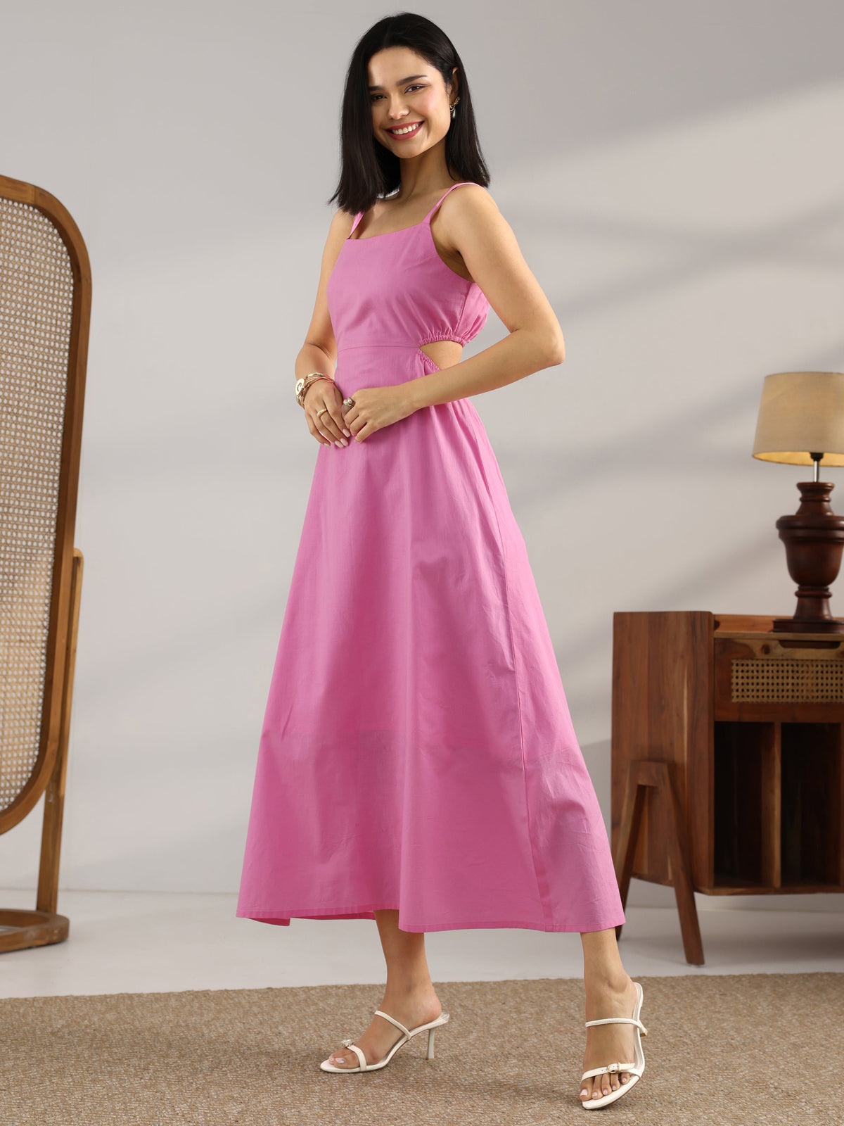 Gerua Pink Solid Cotton Blend Cut Out Fit And Flare One Piece Dress