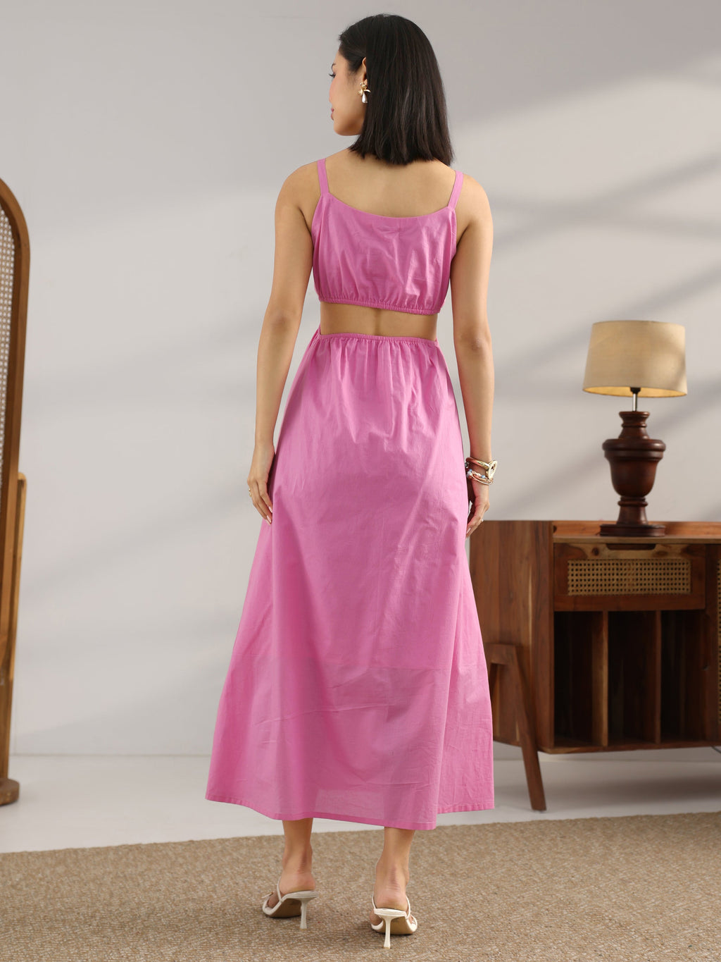 Gerua Pink Solid Cotton Blend Cut Out Fit And Flare One Piece Dress