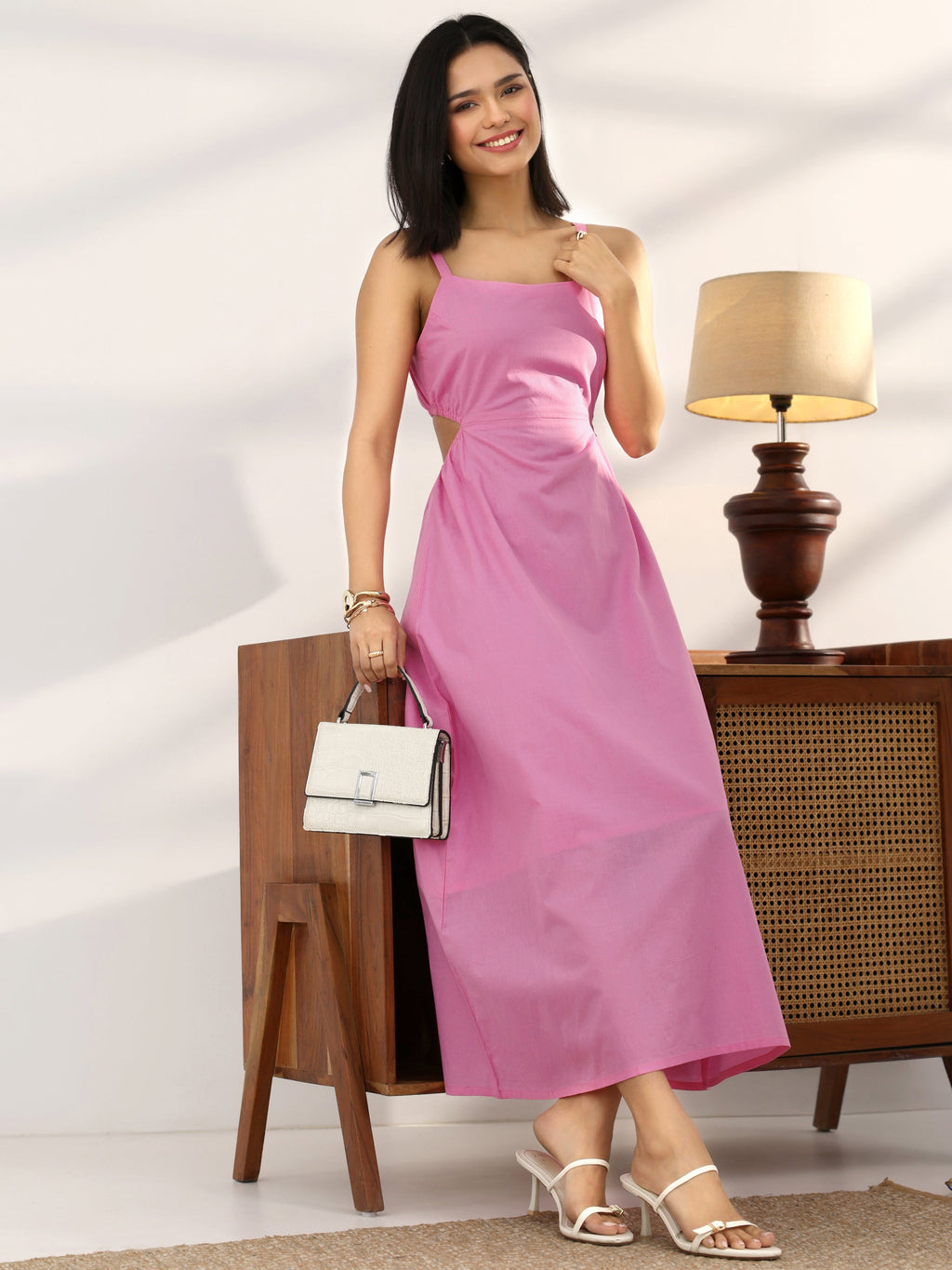 Gerua Pink Solid Cotton Blend Cut Out Fit And Flare One Piece Dress