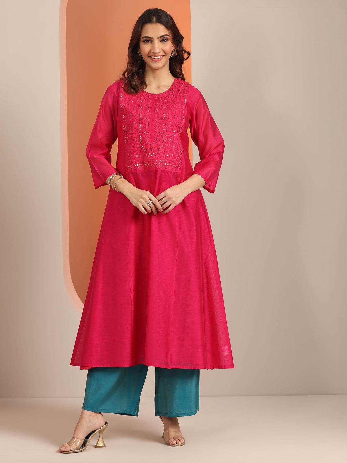 Gerua Pink Embroidered Silk Blend A-Line Kurta