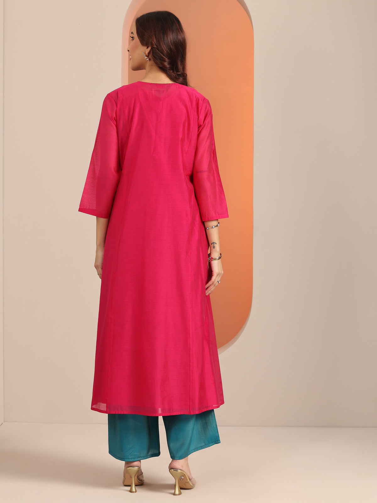 Gerua Pink Embroidered Silk Blend A-Line Kurta