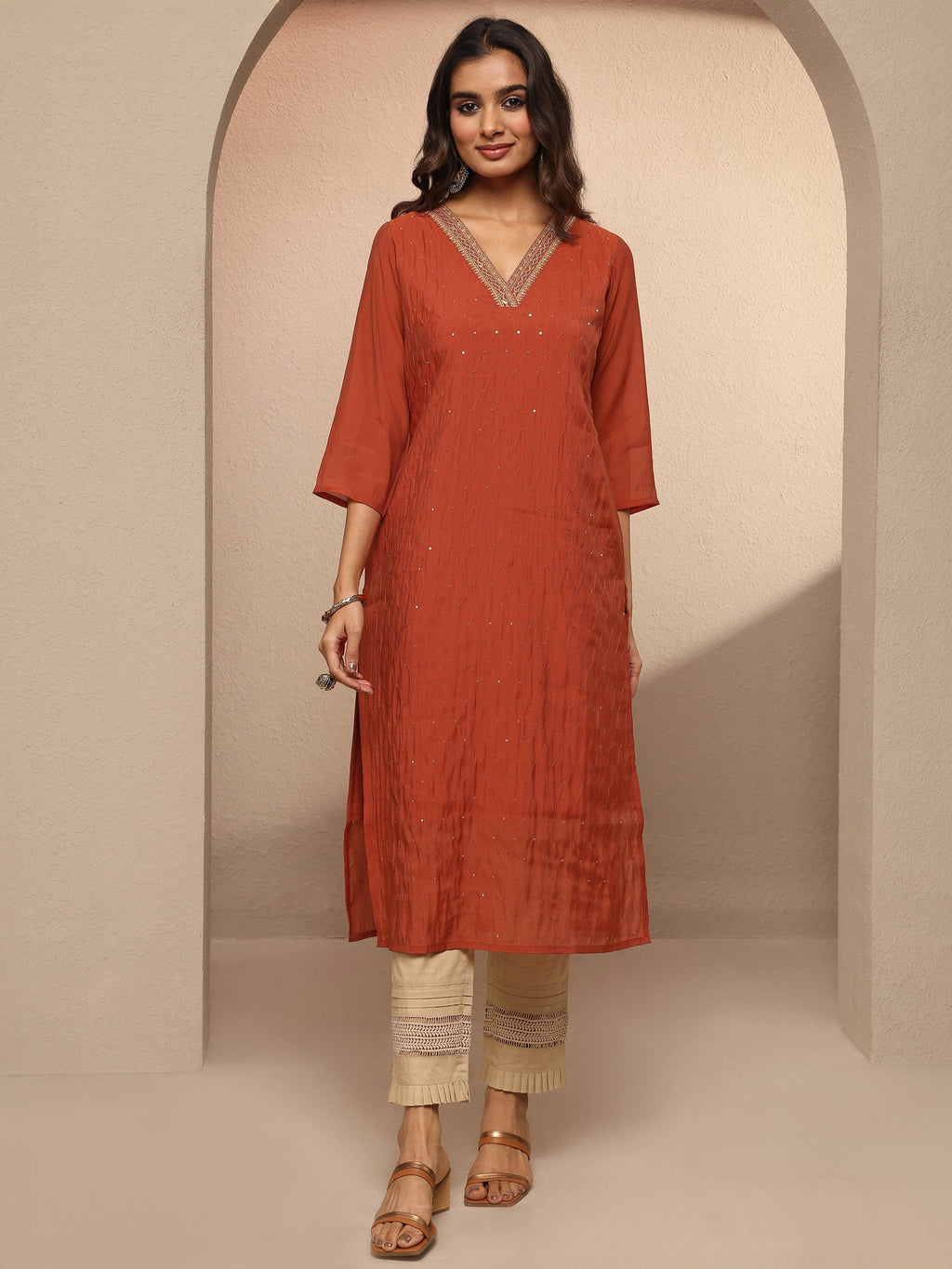 Libas Rust Embellished Chanderi Cotton Straight Kurta