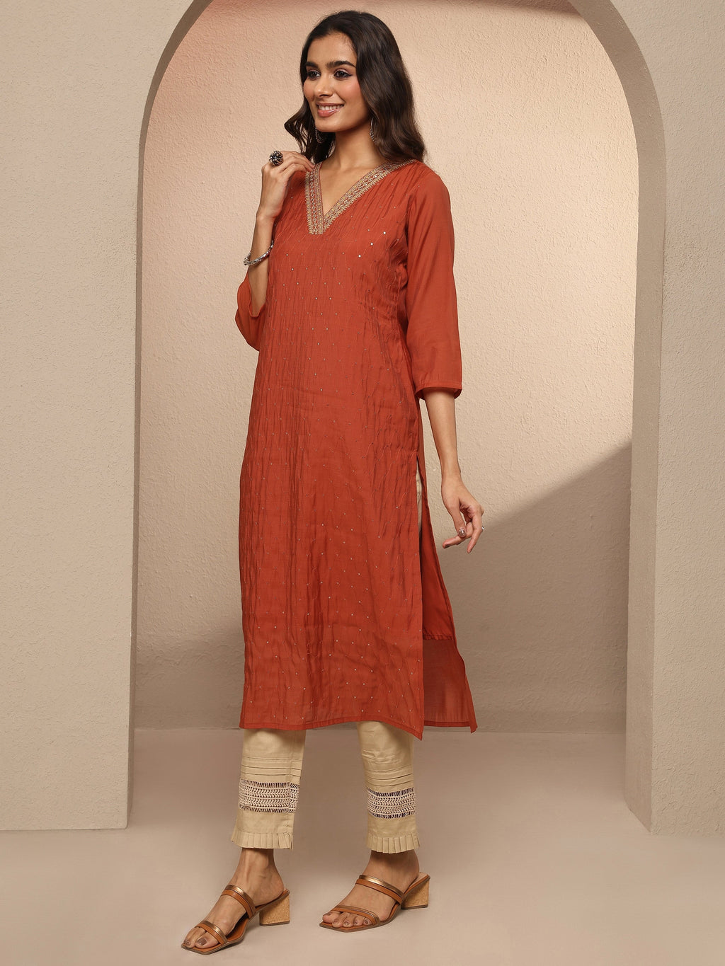 Libas Rust Embellished Chanderi Cotton Straight Kurta