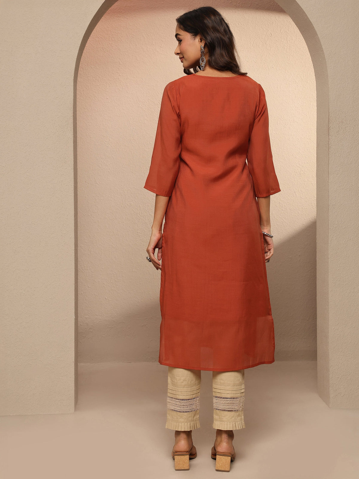 Libas Rust Embellished Chanderi Cotton Straight Kurta