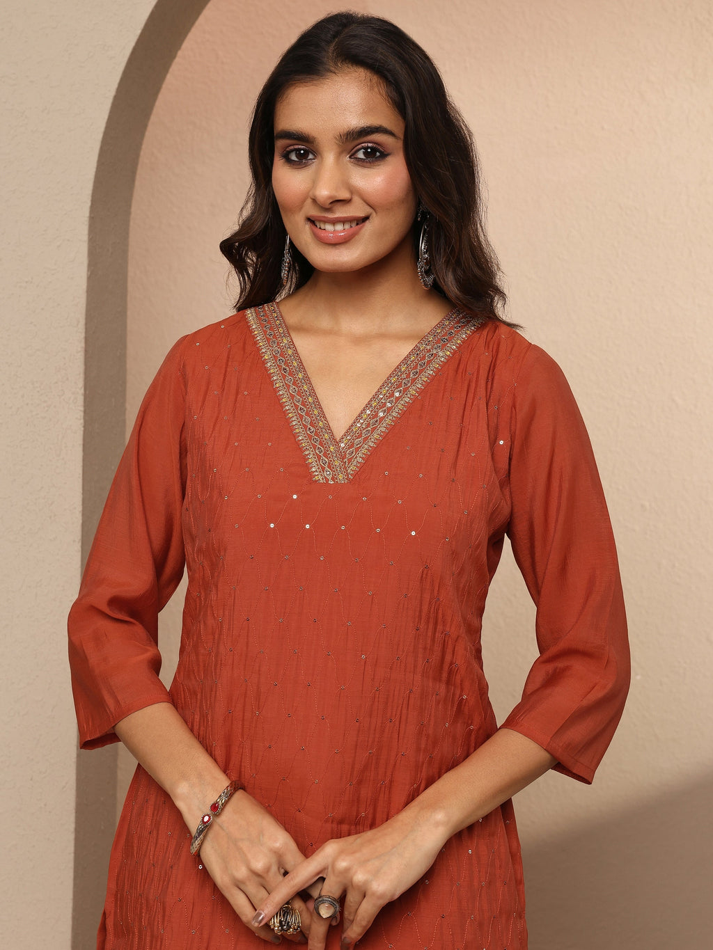 Libas Rust Embellished Chanderi Cotton Straight Kurta
