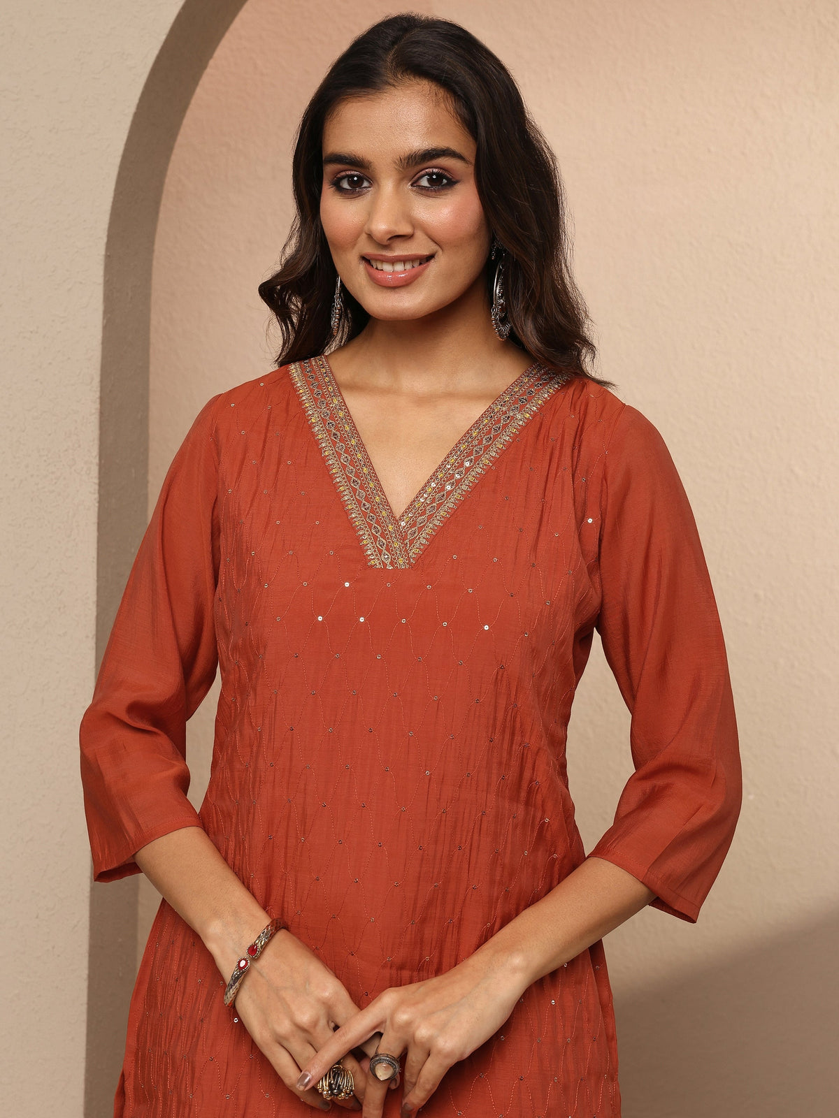 Libas Rust Embellished Chanderi Cotton Straight Kurta