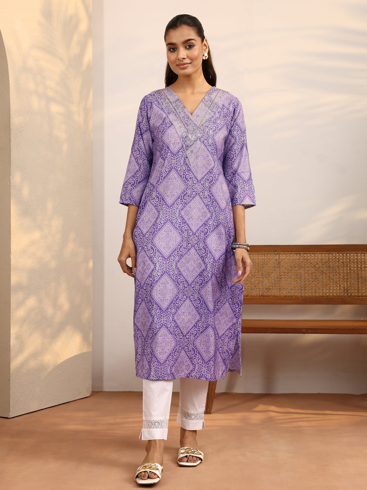 Libas Lavender Bandhani Printed Silk Blend Straight Kurta
