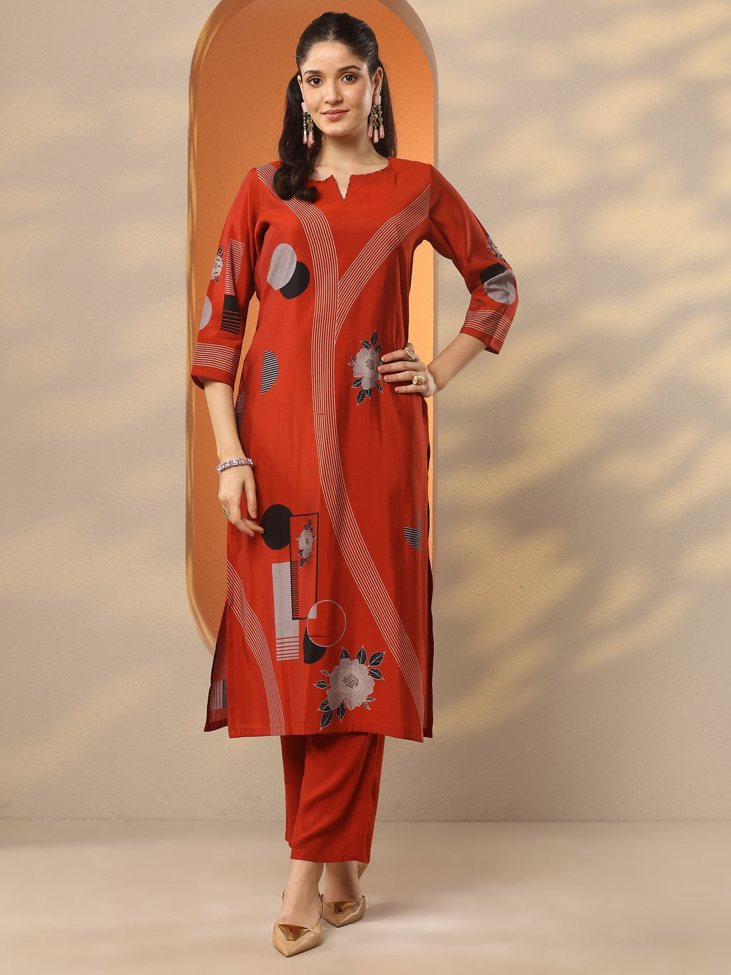 Gerua Rust Printed Silk Blend Straight Kurta
