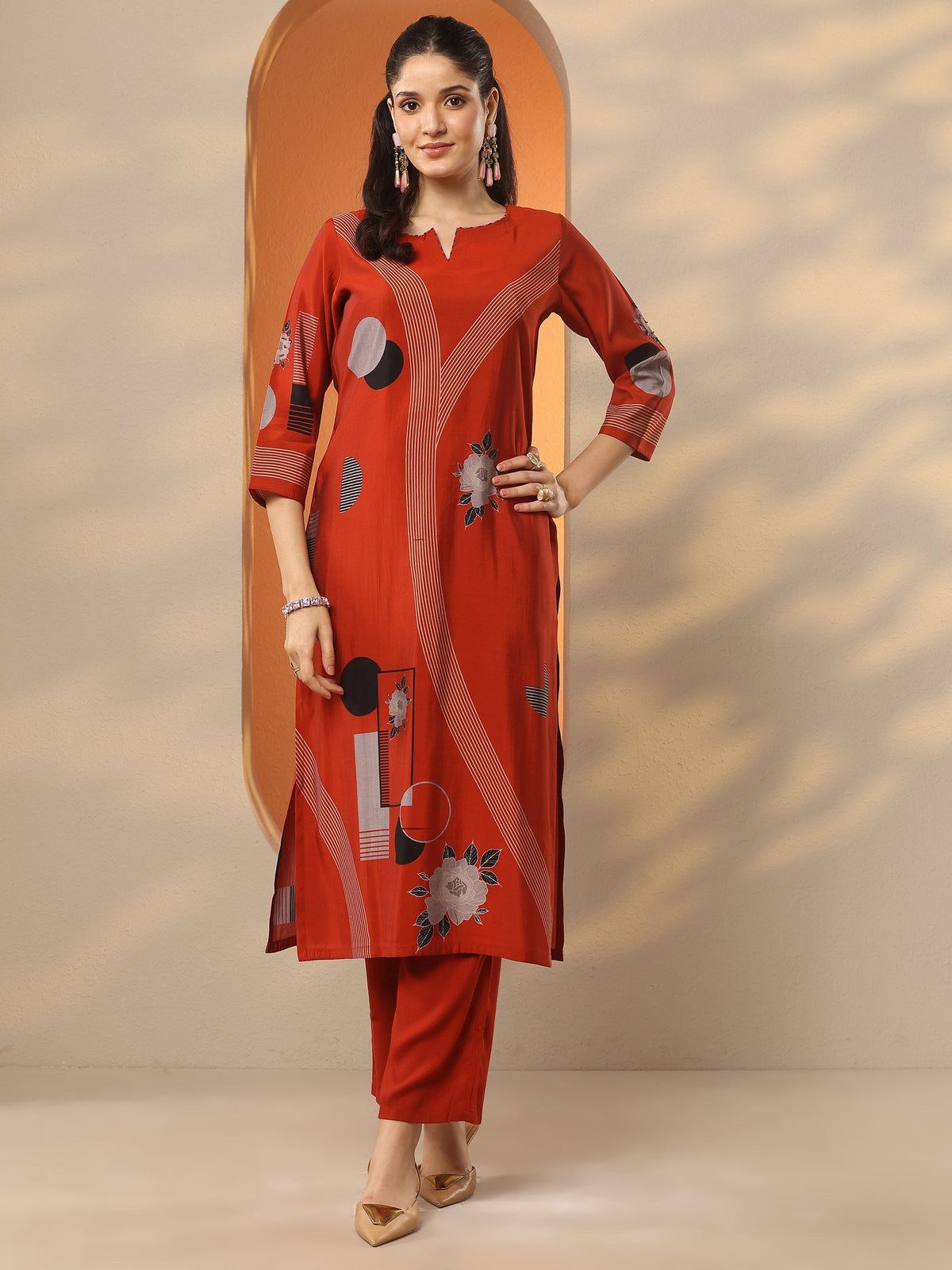 Gerua Rust Printed Silk Blend Straight Kurta