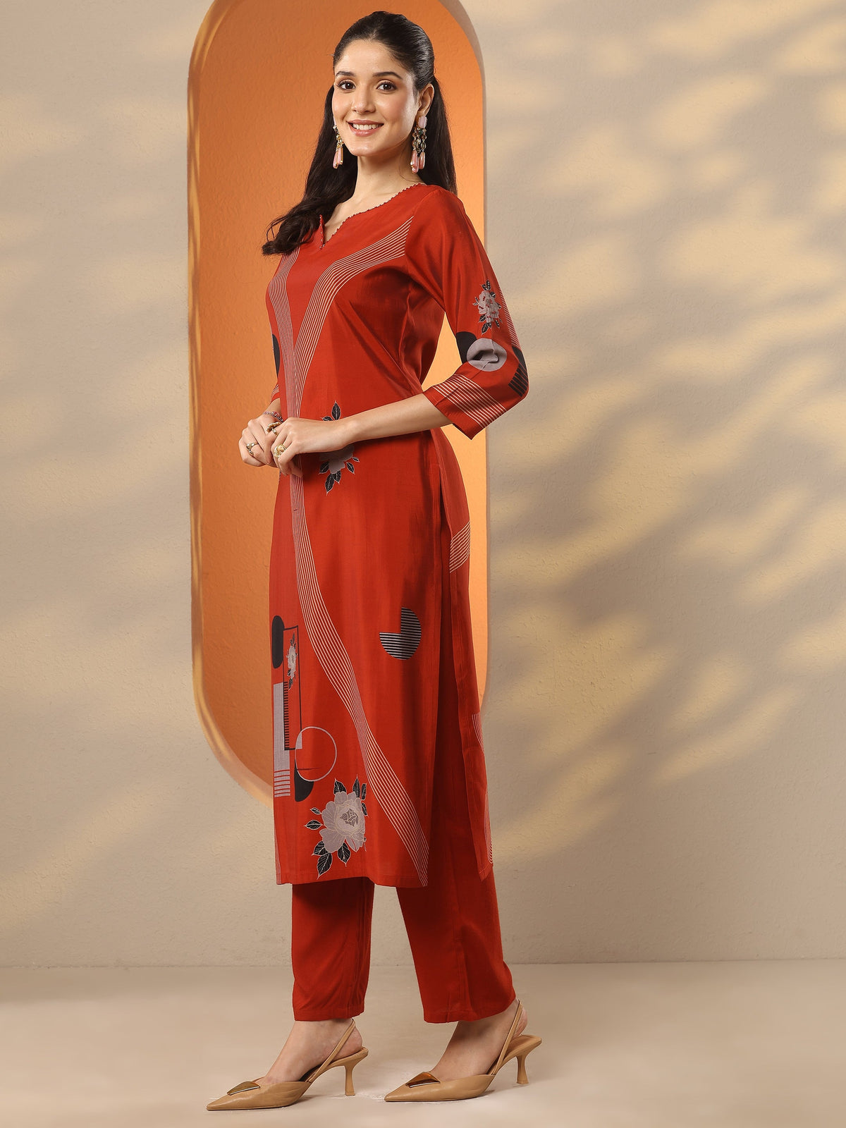 Gerua Rust Printed Silk Blend Straight Kurta