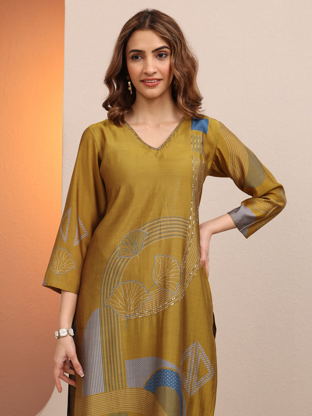 Libas Mustard Printed Silk Blend Straight Kurta