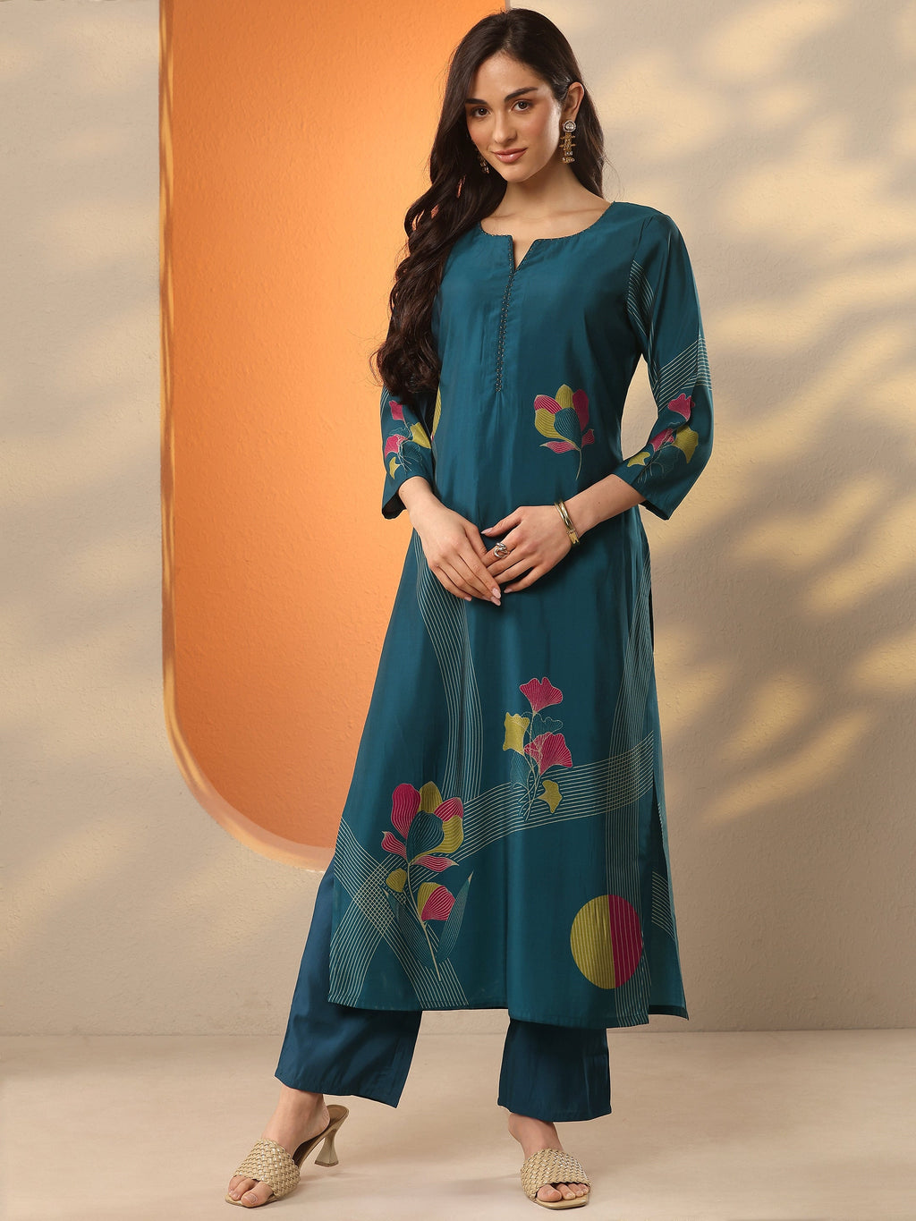 Libas Blue Printed Silk Blend Straight Kurta