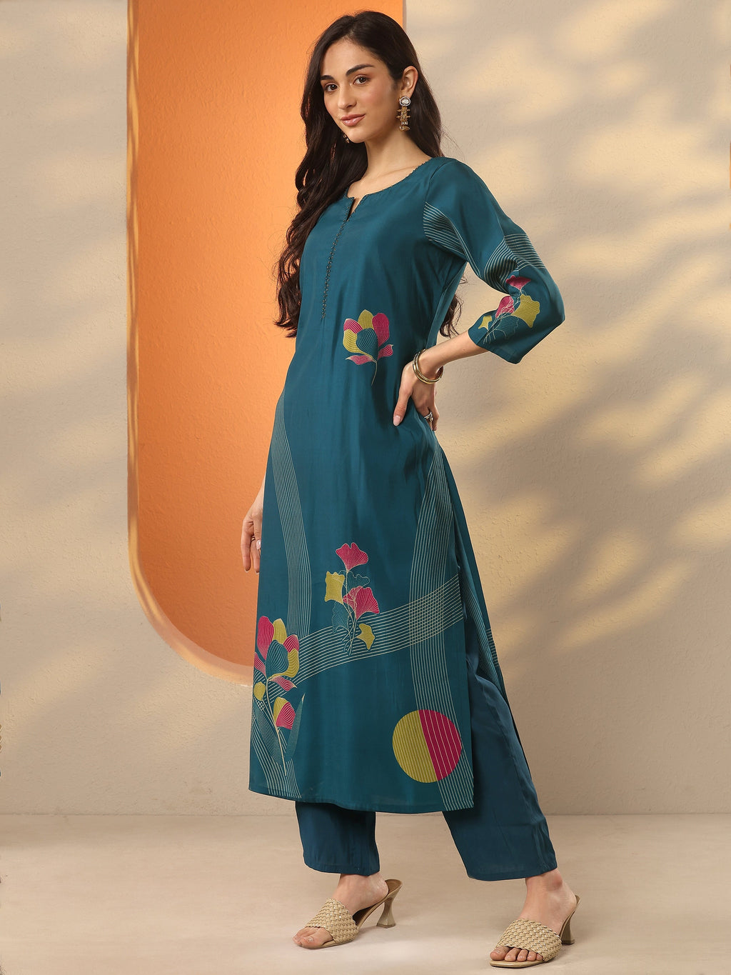 Libas Blue Printed Silk Blend Straight Kurta