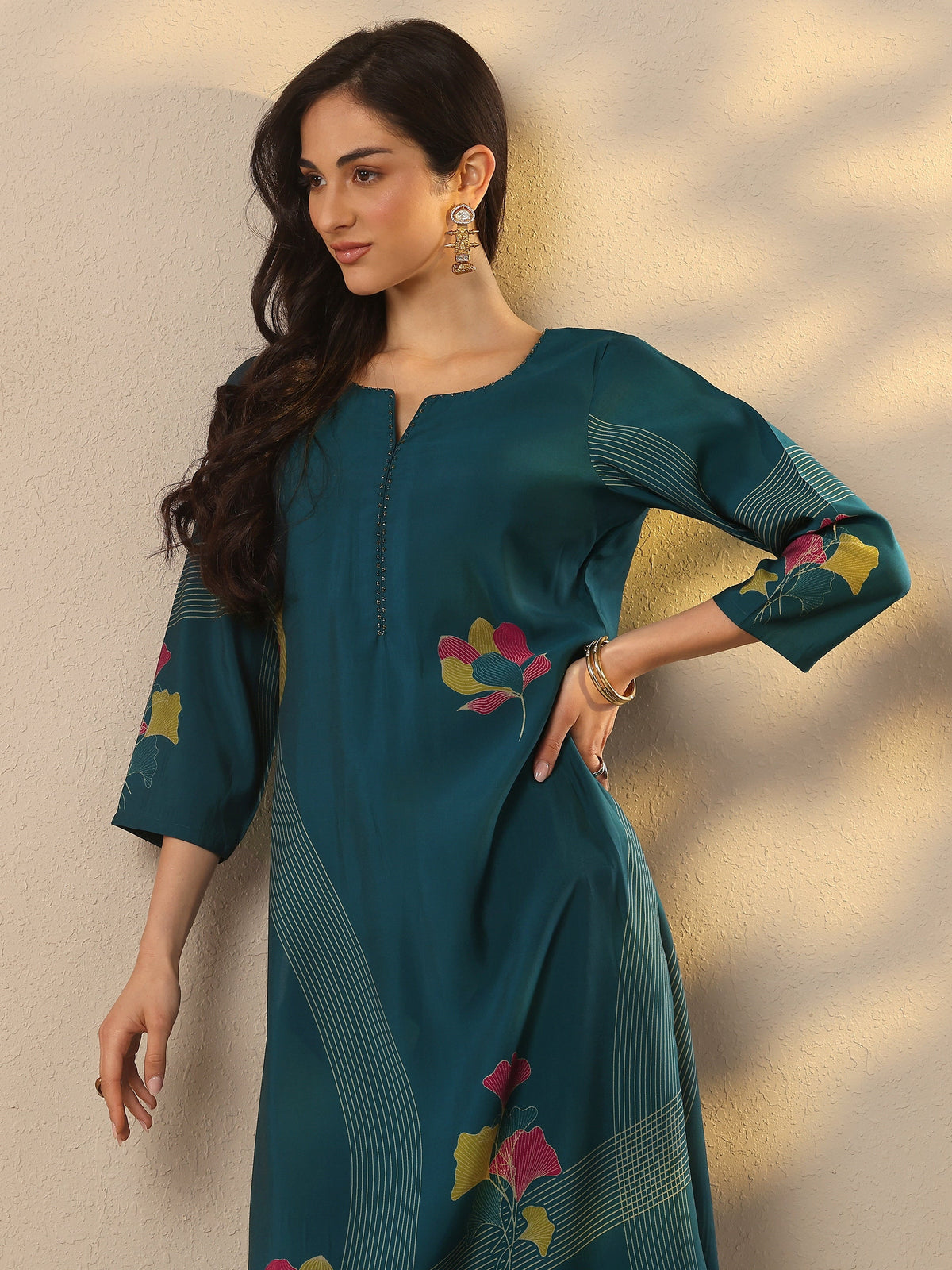 Libas Blue Printed Silk Blend Straight Kurta