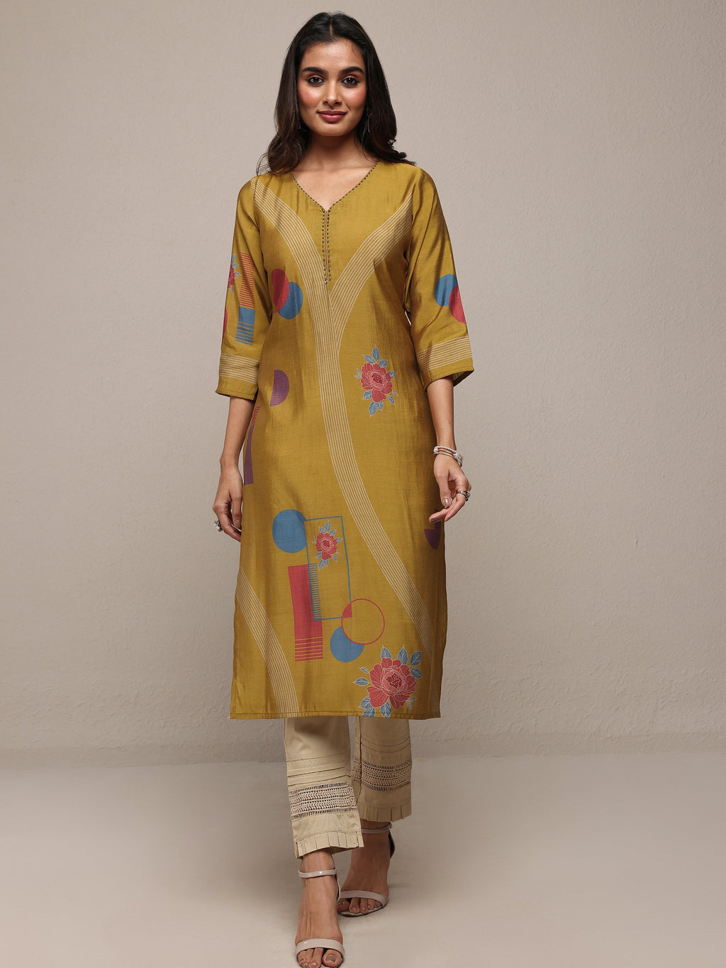 Libas Mustard Floral Printed Silk Blend Straight Kurta