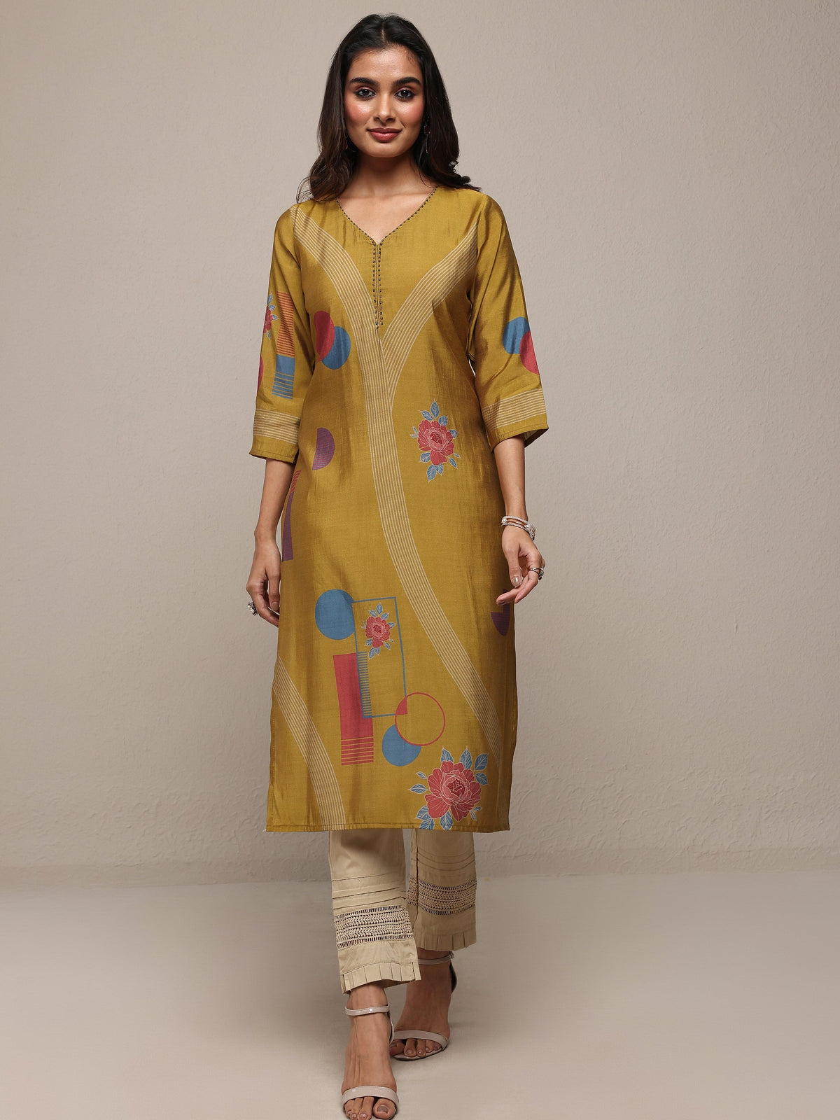 Libas Mustard Floral Printed Silk Blend Straight Kurta